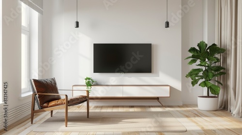 Admire The Minimalist Design Of A Tv Cabinet On A White Wall In A Living Room  Complemented By An Armchair For Relaxation