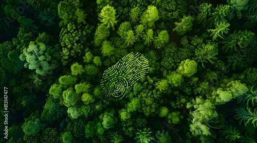 Aerial top down view of a green forest with human fingerprint in the middle , deforestation and human impact on nature biodiversity concept illustratio photo