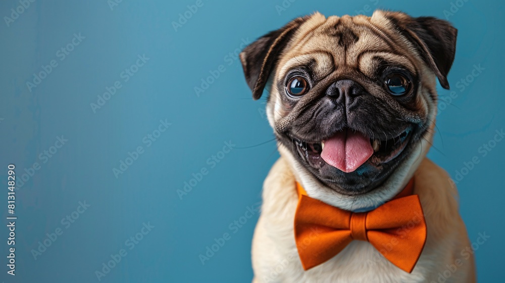 Cute Pug in Bowtie with Blue Background