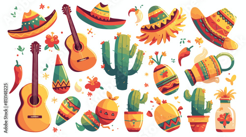 Mexican set - sombrero pinata maraca tequila cactus