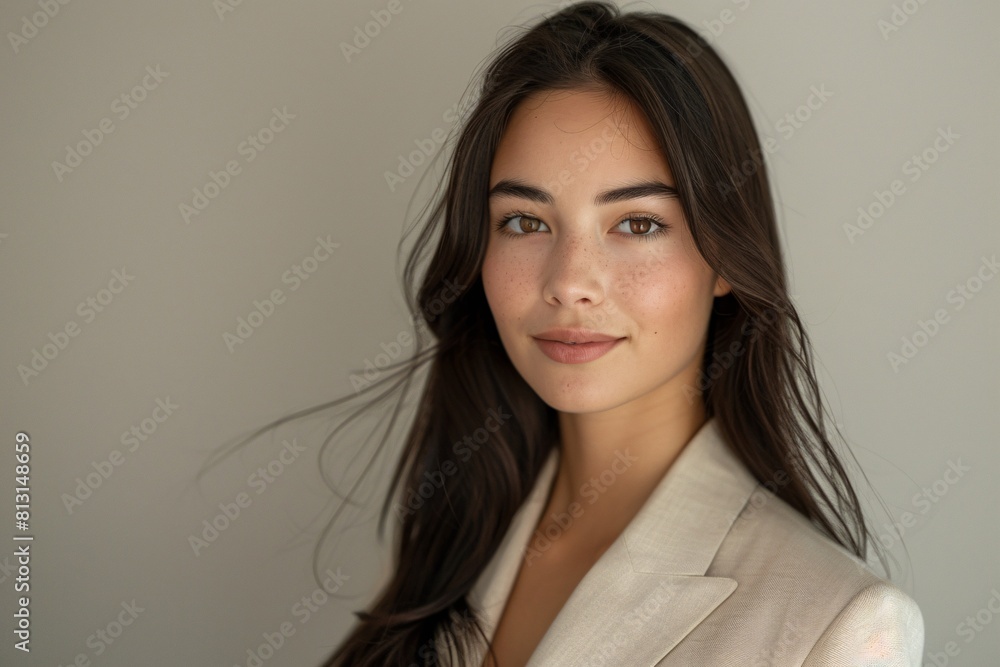 Fashionable Woman in Blurred Background, Professional Portrait with Neutral Color Palette Fashionable Woman in Blurred Background, Professional Portrait with Neutral Color Palette