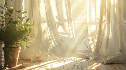 Bask In The Warmth Of Bright Sunrays Filtering Into A House Room Through Thin White Curtains, Creating A Dreamy Ambiance