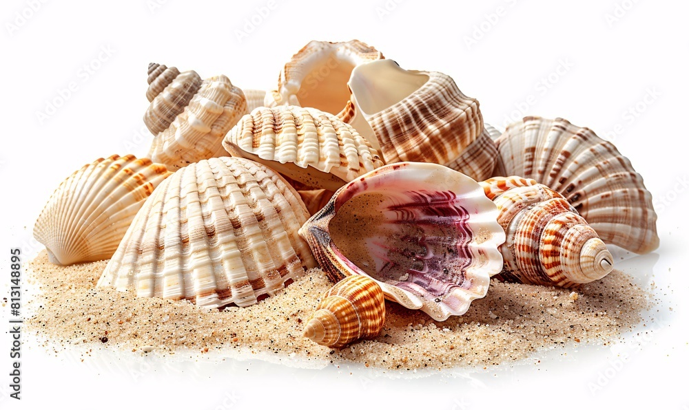 Vibrant and Colorful Seashell Collection Against a Clean, White Background Vibrant and Colorful Seashell Collection Against a Clean, White Background