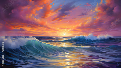Vibrant sunset over a calm ocean, with the sun dipping below the horizon in a burst of colors photo