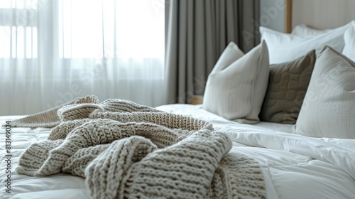 Cozy Up With A Knit Blanket And Pillows On A Bed In A White Hotel Bedroom Interior, Enhanced By Drapes For Added Comfort And Privacy