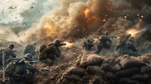 An intense firefight scene with soldiers taking cover behind sandbags, bullets whizzing overhead photo
