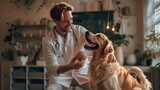 Medico veterinario com um com um cão golden retriviver e uma bolinha nas mãos
