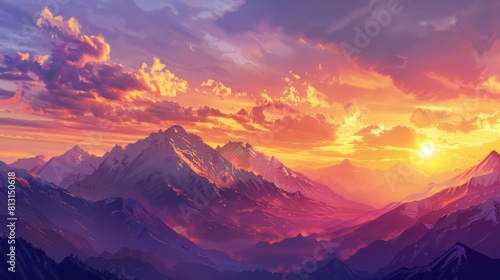 A breathtaking sunrise over majestic mountains  painting the sky in vibrant hues of orange and pink.