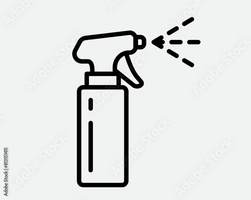 Clean icon of fluid spray in cleaning bottle aerosol. Sign tool for water gas nozzle, disinfection, hygiene spatter.
