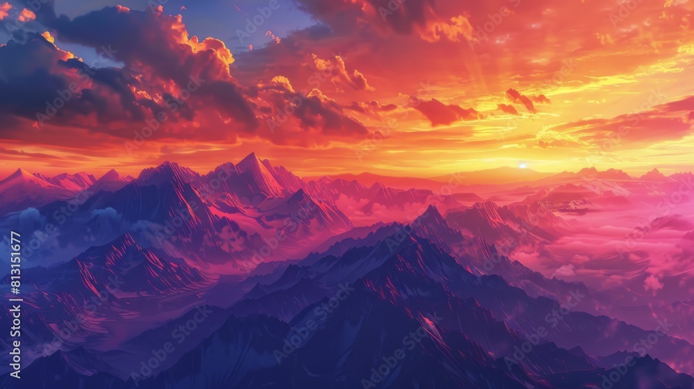 A breathtaking sunrise over majestic mountains, painting the sky in vibrant hues of orange and pink.