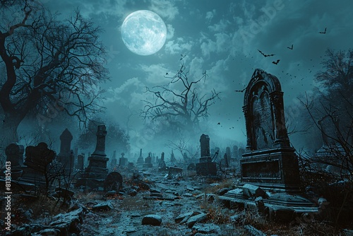 Halloween Night Cemetery, Ghosts, Gothic, Spooky Atmosphere photo