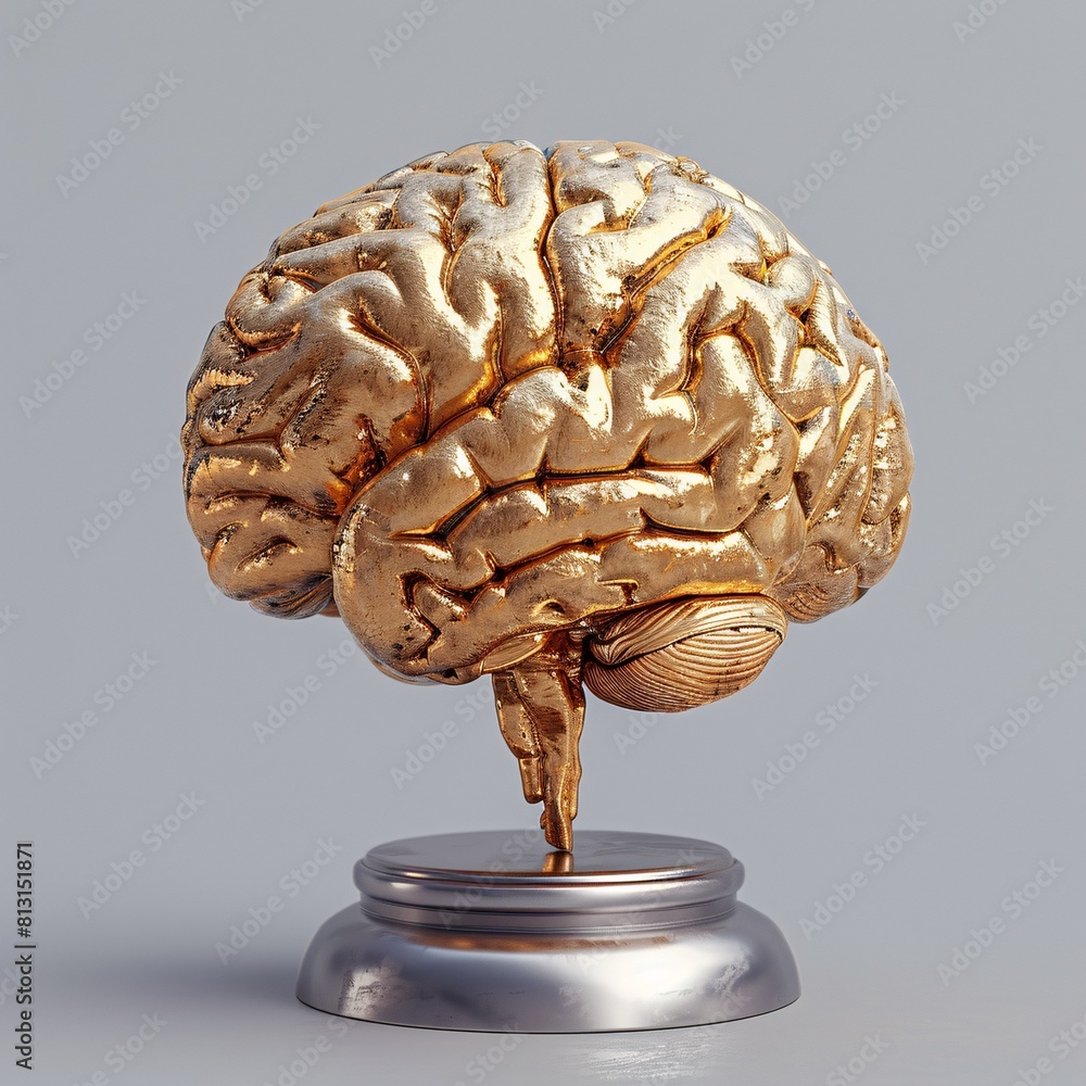 3D Rendering of a Brain with a Gold Finish on a Pedestal Base 3D Rendering of a Brain with a Gold Finish on a Pedestal Base