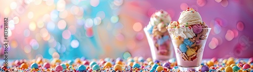 Two ice cream sundaes with whipped cream and sprinkles in front of a rainbow bokeh background. photo