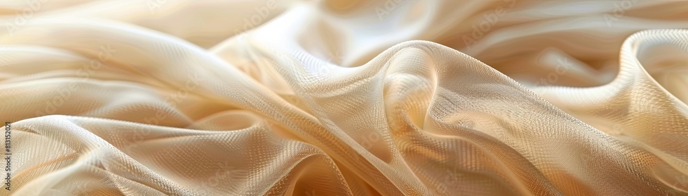 Close-up of rippled beige silk fabric with soft folds. Close-up of rippled beige silk fabric with soft folds.