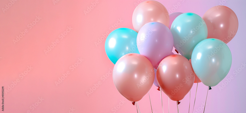 A bunch of helium balloons grouped together against a pastel background A bunch of helium balloons grouped together against a pastel background