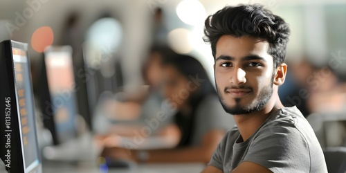 South Asian student in a diverse college class gains IT skills through computer training. Concept College Life, IT Skills, Diverse Classrooms, Computer Training, South Asian Student