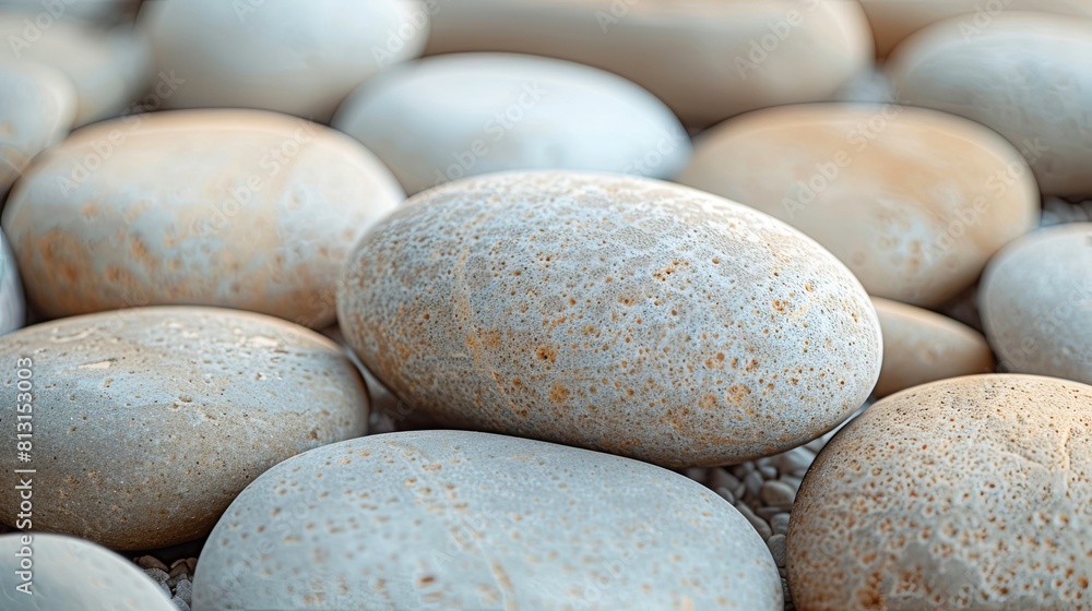 Close-up of smooth, round pebbles on a beach.