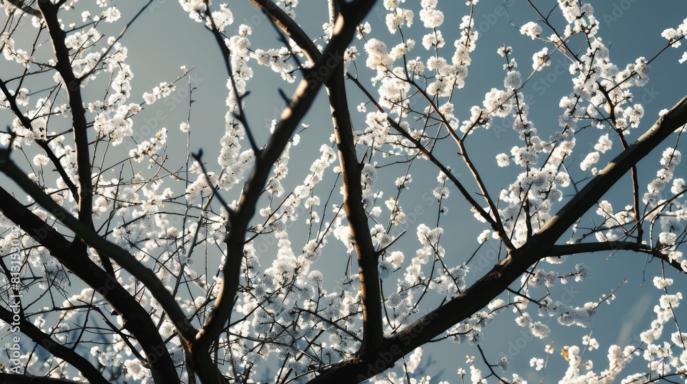 White blossoms on tree branches contrast with a clear blue sky White blossoms on tree branches contrast with a clear blue sky