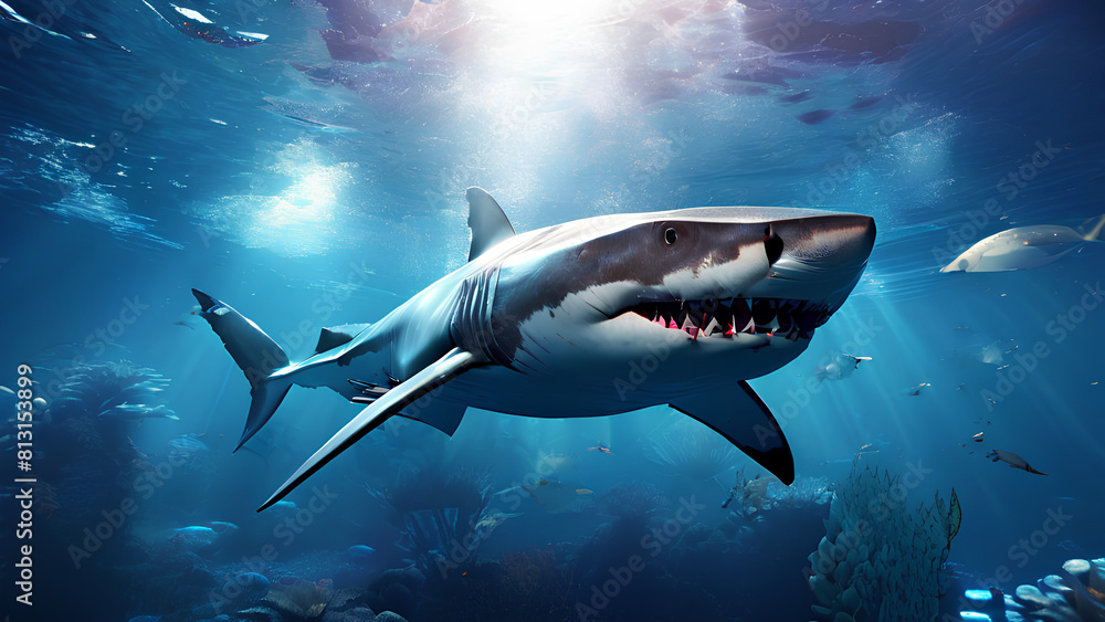 Fototapeta premium Crocodile-Skinned Shark - Enormous 3D Rendered Predator Lurking in Water