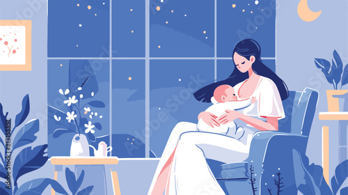 Night breastfeeding scene with mother feeding a bab