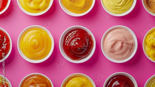 Varieties of delicious dipping sauces in white bowls on pink background.