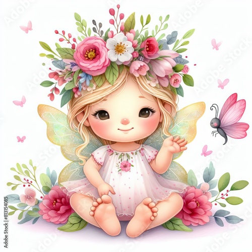 Cute flower fairy. Cartoons character. Design for a girl's room, girl's print, greeting card for a newborn