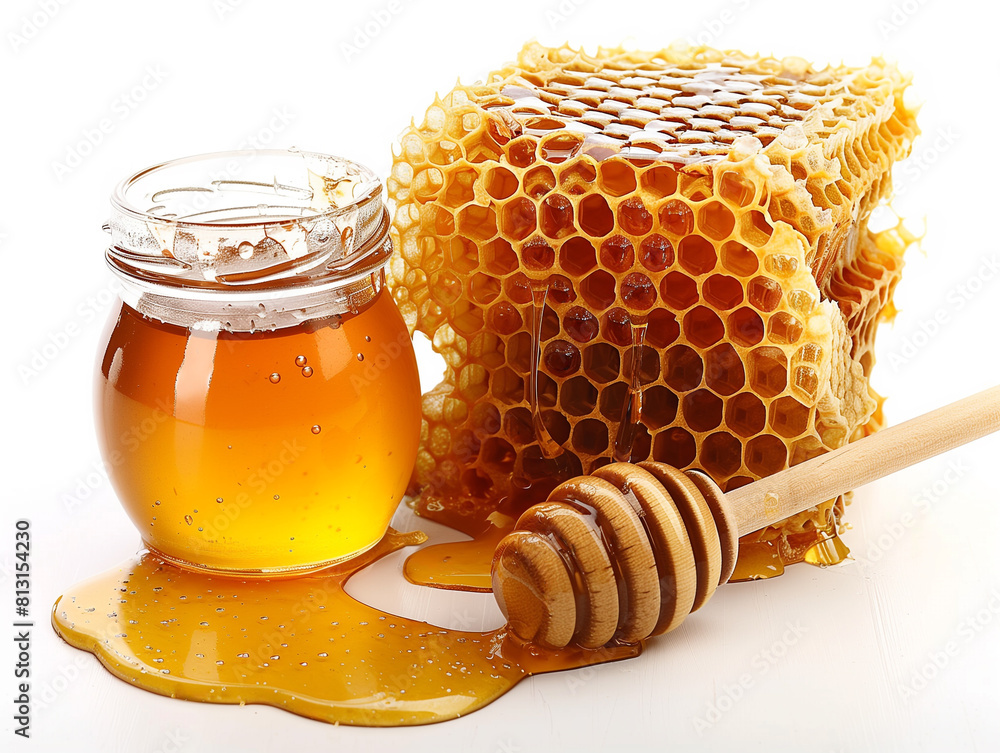 Beehive with honey in it And there was a jar of honey sitting nearby. on a white background. Beehive with honey in it And there was a jar of honey sitting nearby. on a white background.