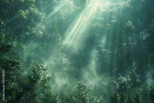 A serene forest blanketed in mist  with sunlight filtering through the canopy  creating a magical atmosphere. Concept of mystical beauty. Generative Ai.