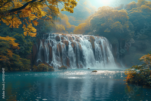 A cascading waterfall framed by lush greenery and mist  creating a serene and picturesque scene. Concept of natural wonder. Generative Ai.