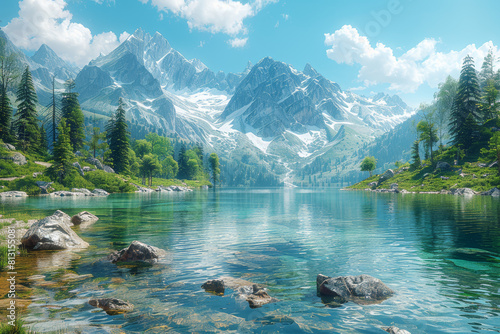 A serene alpine lake nestled between towering peaks, reflecting the majestic beauty of the surrounding landscape. Concept of mountainous beauty. Generative Ai.