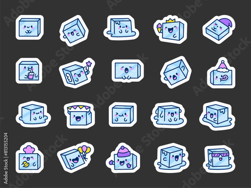 Cute refreshing ice cube. Sticker Bookmark. Adorable cartoon character. Hand drawn style. Vector drawing. Collection of design elements.