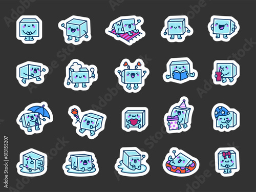 Cheerful ice cube. Sticker Bookmark. Funny and cute character. Hand drawn style. Vector drawing. Collection of design elements.