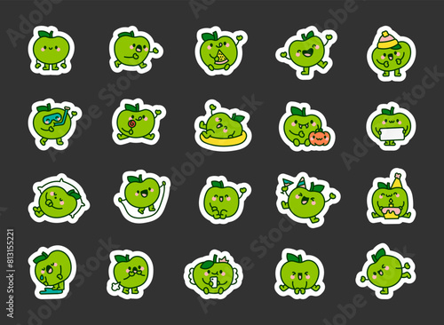 Cheerful apple character. Sticker Bookmark. Cute cartoon fruit. Hand drawn style. Vector drawing. Collection of design elements.