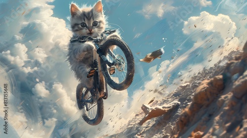 kitten as bike rider jumping from a slope on full suspension , super monster fork bike photo