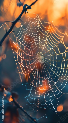 A symmetrical and delicate spider web covered in morning dew, glistening in the sunlight. The web is perfectly centered in the frame, with a beautiful bokeh in the background.