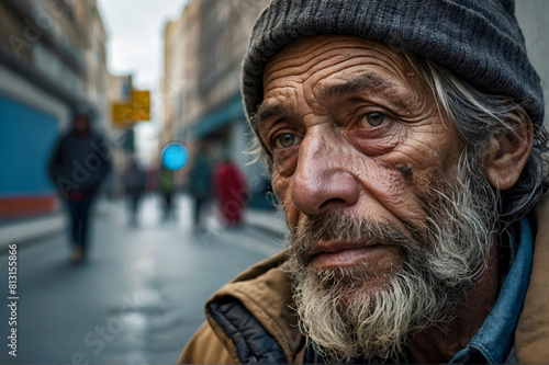 A old lonely homeless man dressed in old clothes sits on a city street. Themes of urban living and social issues.