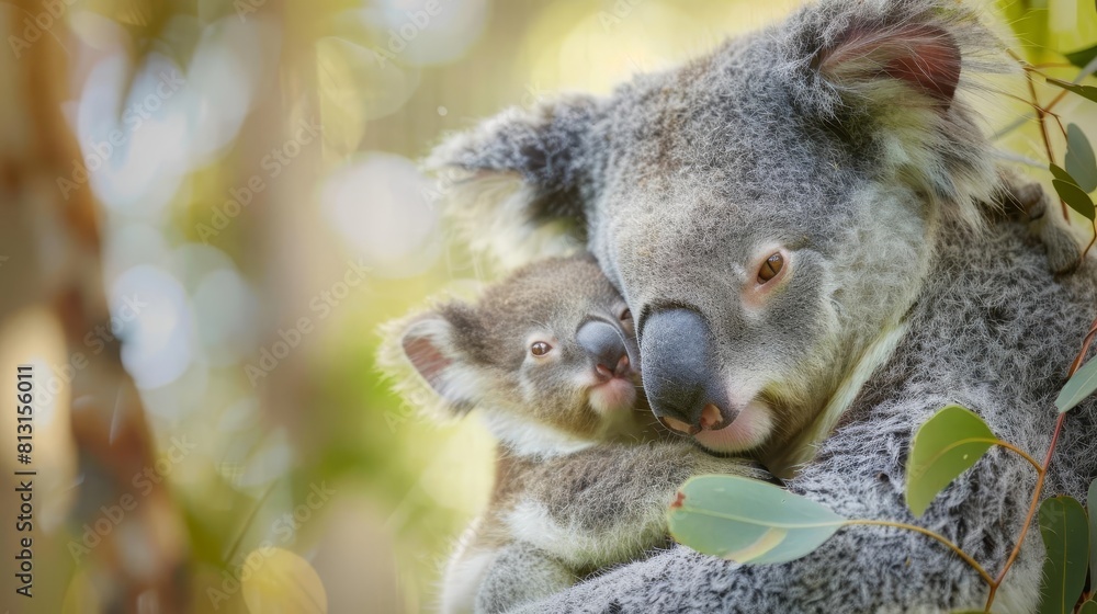 Obraz premium adorable baby koala clinging to mother heartwarming wildlife portrait
