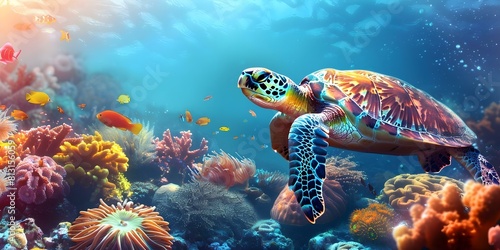 Underwater scene with sea turtle colorful fish and corals in ocean. Concept Underwater Photography, Sea Turtle, Colorful Fish, Coral Reef, Ocean Wildlife © Ян Заболотний