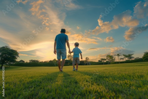 A picture of a happy father and son in Golden Time. Father's day concept.