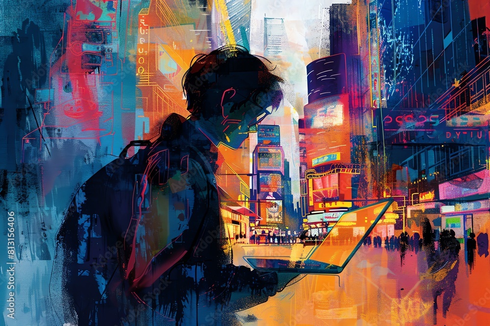 A young man stands in the middle of a busy city street, illuminated by the bright lights of the city A young man stands in the middle of a busy city street, illuminated by the bright lights of the city