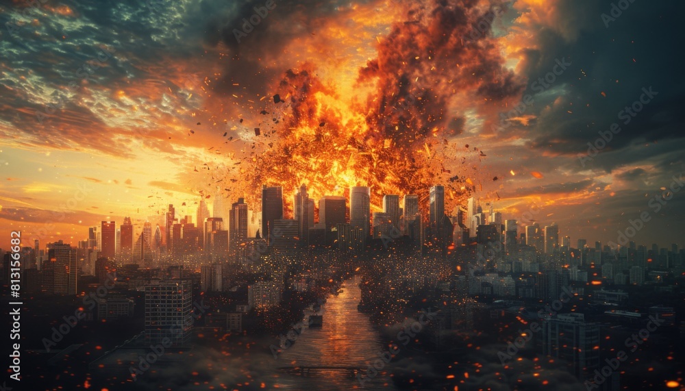 The image shows a city in ruins after a disaster. The sky is filled with smoke and flames, and the buildings are destroyed.