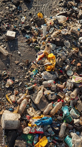 The image shows a large amount of trash and debris on the ground. There is a lot of plastic, glass, and metal trash. The area is very polluted and needs to be cleaned up.