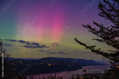 Northern lights aurora borealis over Columbia River Gorge, Oregon