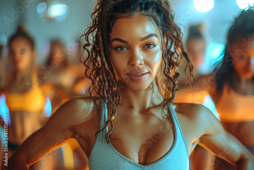 A fitness class engaging in a dance workout, combining cardio with rhythmic movements and music. Concept of dance fitness. Generative Ai. © Sebastian