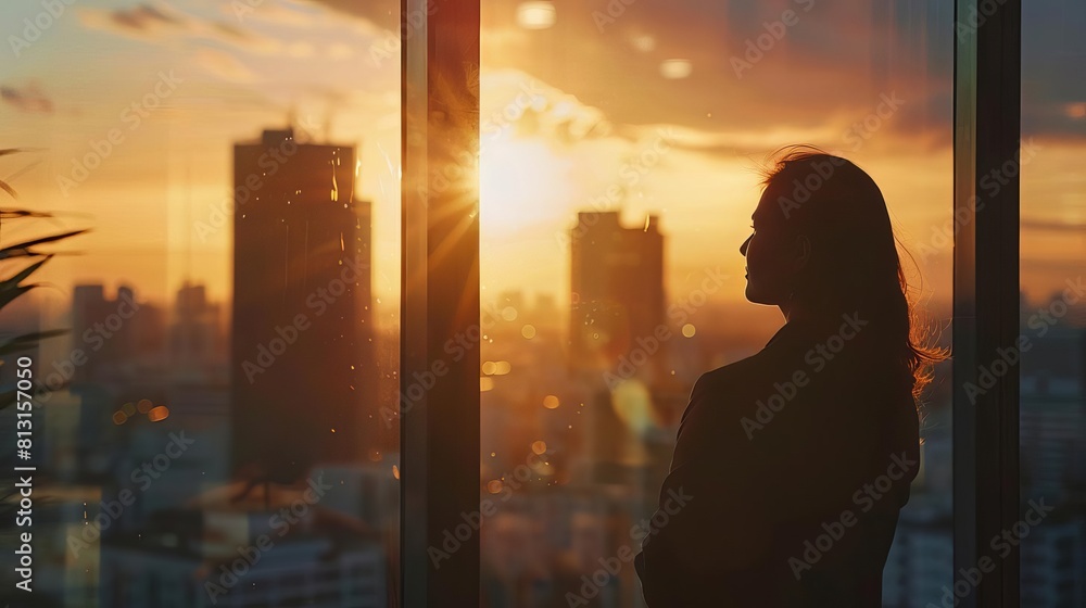 Fototapeta premium ambitious businesswoman gazing at city skyline from office window manifesting goals at golden hour