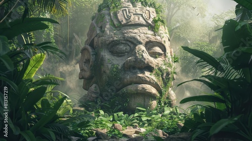 Fototapeta Naklejka Na Ścianę i Meble -  ancient olmec head statue hidden in a lush jungle concept illustration