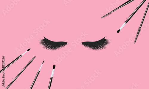 Makeup vector illustration. Beautiful eyelashes and cosmetics brushes set with 3d lashes. Beauty accessories for extensions cards, visage salons designs. isolated on a cute pastel background