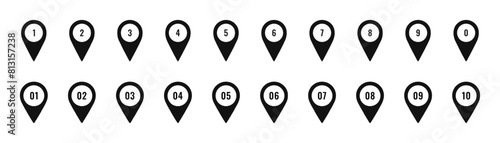 Map pins with numbers vector illustration. Simple pointers icons isolated. location sign symbols numbered from 1 2 3 to 10 for web designs, infographics, geographic and transport and technology cards