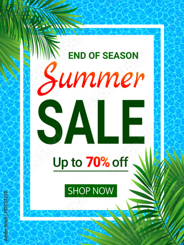 Summer sale banner. seasonal promotion advertising. vector poster. Tropic sellout design. Floral background with exotic tropical flowers, leaves. End of a season discount for shop, retail, with text.