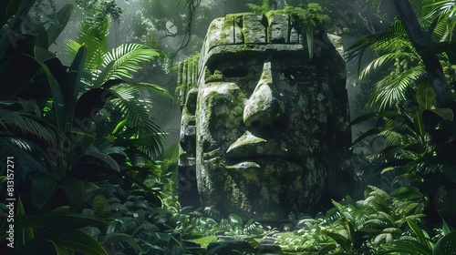 Fototapeta Naklejka Na Ścianę i Meble -  ancient olmec head statue hidden in a lush jungle concept illustration